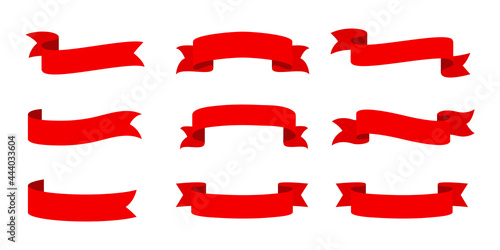 Vector red ribbon banner set. Flat red ribbon for promotion, discount label in product sales.