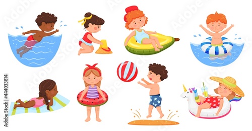 Kids on beach. Boys and girls in swimsuits swimming in sea, building sandcastle. Cartoon joyful children enjoying summer holidays vector set. Child playing with ball, floating on ring, sunbathing