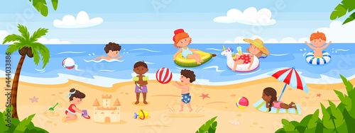Kids playing at beach. Happy children playing at seaside, swimming in ocean, building sandcastle. Summer holiday or vacation vector illustration. Characters having recreation activities
