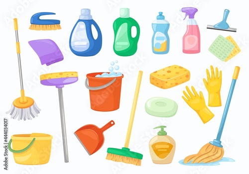 Cleaning tools. Napkin, bucket, broom, gloves, mop, detergent or disinfectant bottles. Household cleaning products and equipment vector set. Housekeeping isolated chemicals and liquids