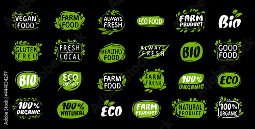 Set of labels and stickers for organic food and drink, natural products. Vector illustration concepts for packaging design