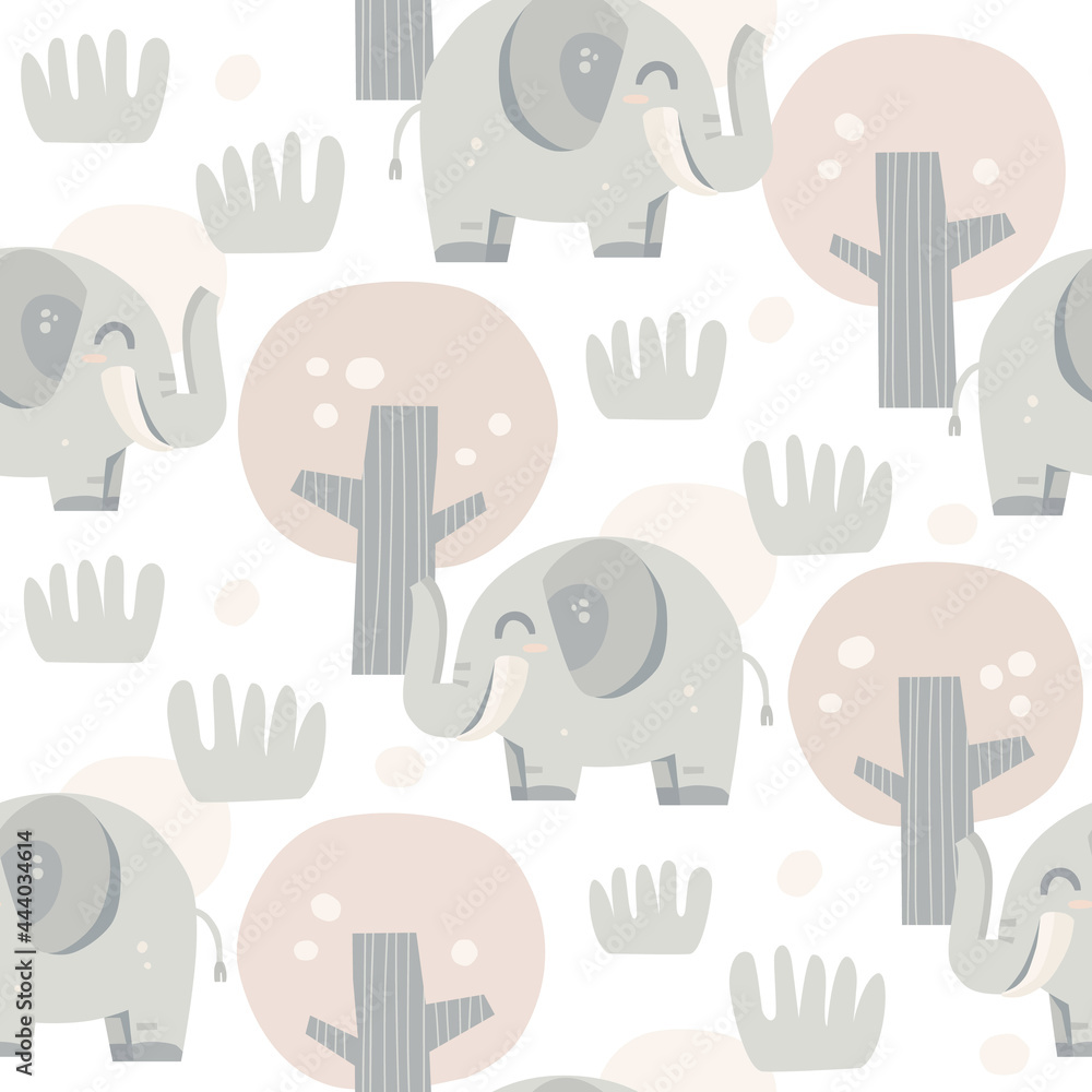 Seamless pattern in Scandinavian style, vector illustration. Abstract background, print design for baby textiles. Hand-drawn elephants in the forest. Trees with fruits and bushes. Pastel colors.