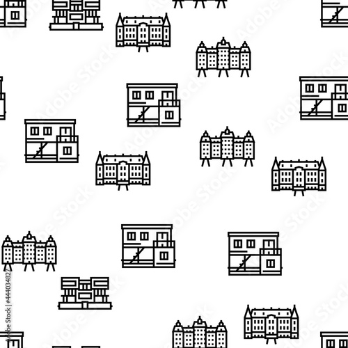 House Constructions Vector Seamless Pattern Thin Line Illustration