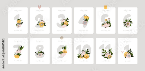 Baby milestone cards with flowers and numbers for newborn girl or boy. Baby shower print. First 11 months and 1 year. Baby month anniversary card. Nursery print capturing all the special moments