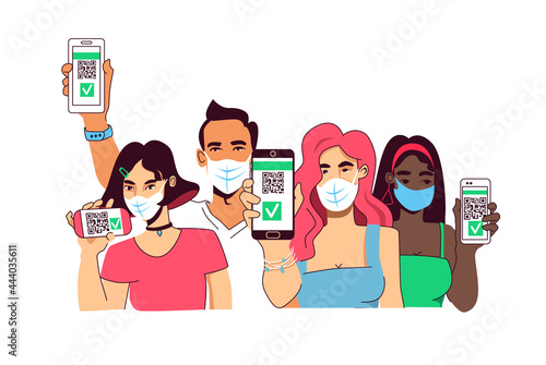 Group portrait of people demonstrates phones with confirmation of vaccination and immunity. Electronic health passport, qr code, pass to life after covid-19. Vector illustration isolated on white