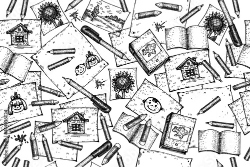 Vector school doodles seamless pattern. Hand drawn background with school supplies.