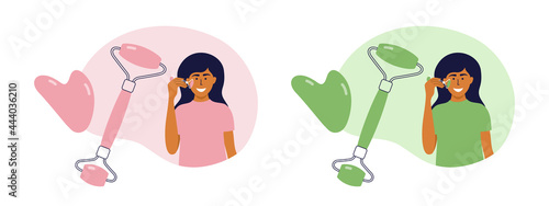 Vector illustration of facial massage by face roller and gua sha scraper. Skin beauty care routine. Woman making massage applying quartz or jade guasha natural stone massager. Female beauty procedure