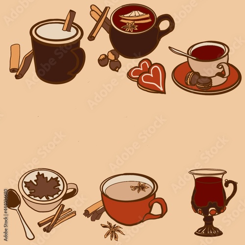 Collection of different modern cups  For coffee  tea    different shapes cappuccino  americano   espresso  mocha  latte  cocoa  milk  with ice  spoon  cinnamon  cookies. Cute trendy crockery with hand