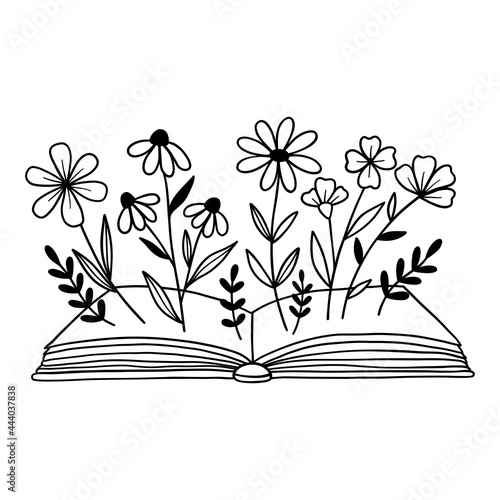 Book with flowers.  Outline drawing. Line vector illustration. Isolated on white background. Good for posters, t shirts, postcards.