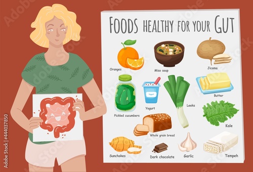 Top foods for gut health. Healthy products collection.