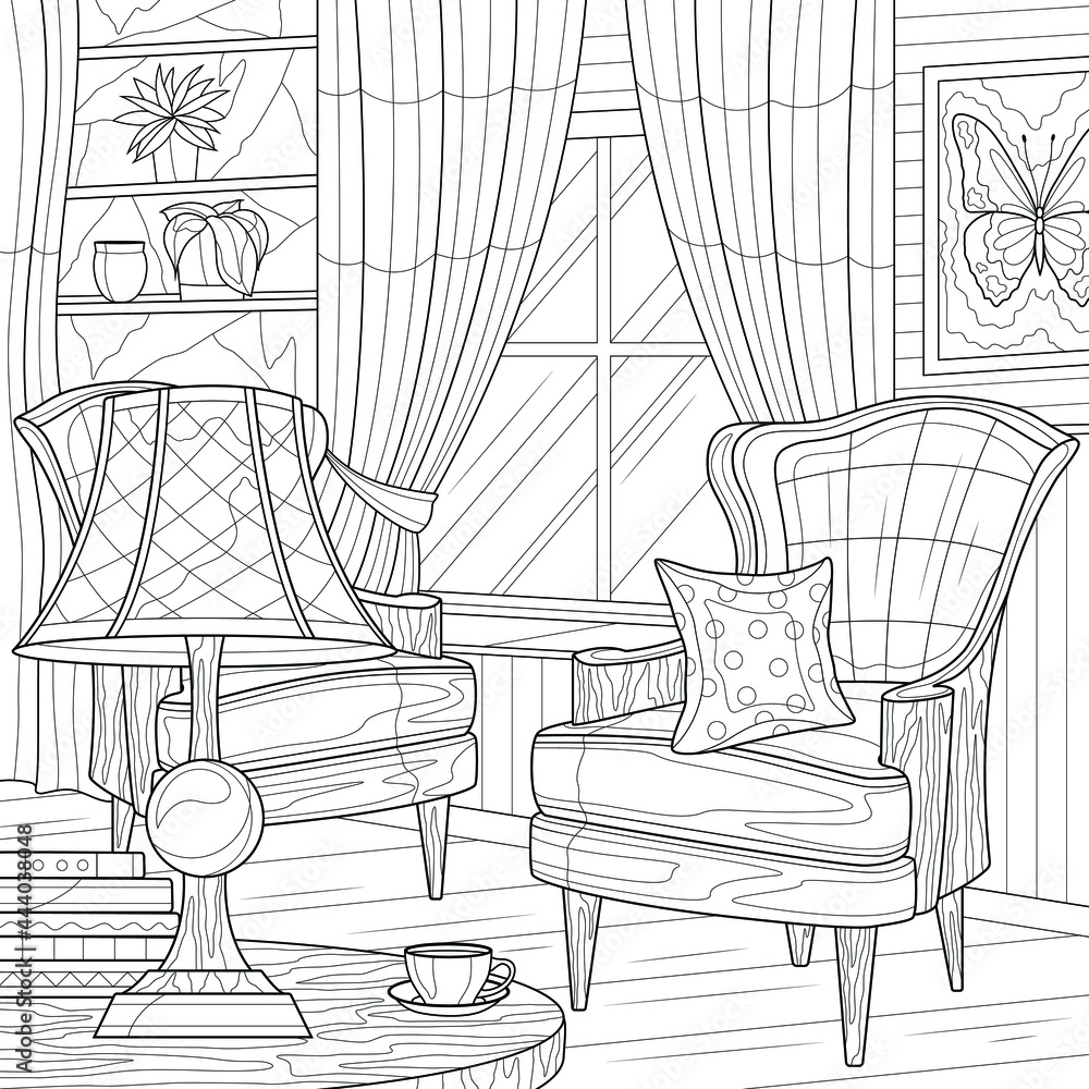 A room with armchairs and a lamp. Interior.Coloring book antistress for