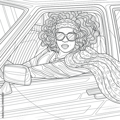 Black girl driving a car.Coloring book antistress for children and adults. Illustration isolated on white background.Zen-tangle style. Hand draw