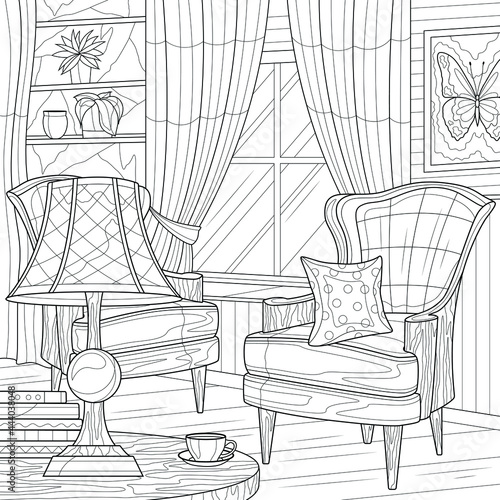 A room with armchairs and a lamp. Interior.Coloring book antistress for children and adults. Illustration isolated on white background.Zen-tangle style. Black and white drawing