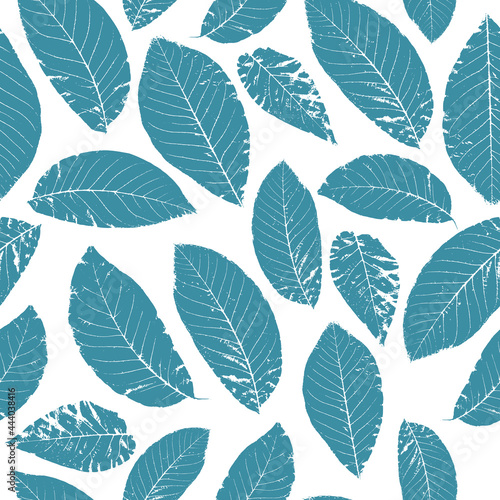 Vector seamless pattern with blue leaves on white background