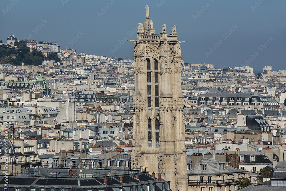 Picturesque Paris Panorama at sunset. View from Cathedral Notre Dame de Paris. France.