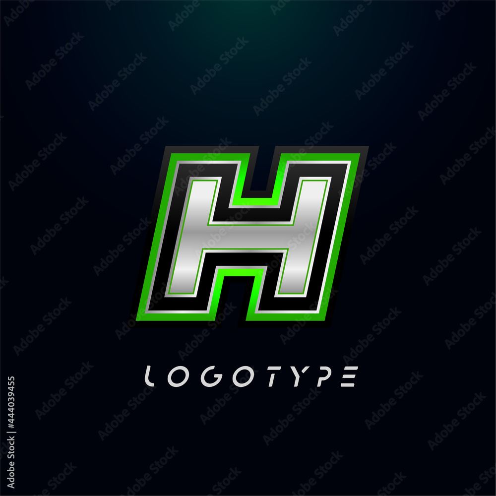 Letter H for video game logo and super hero monogram. Sport gaming emblem, bold futuristic letter with sharp angles and green outline. Tilted sharp letter type on black background Letter H for video game logo and super hero monogram. Sport gaming emblem, bold futuristic letter with sharp angles and green outline. Tilted sharp letter type on black background