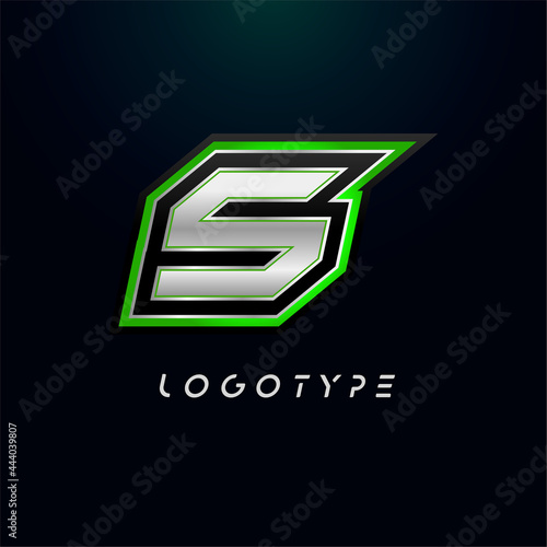 Letter S for video game logo and super hero monogram. Sport gaming emblem, bold futuristic letter with sharp angles and green outline. Tilted sharp letter type on black background