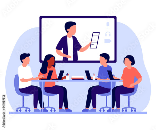 Group business employee people work together in office and online communication via internet. People sitting at common table and communicate using laptop. Workplace company. Vector flat illustration