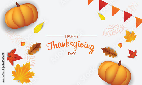 Happy Thanksgiving Day background with autumn leaves, pumpkins, corn, wheat. Hello, autumn. Vector illustration
