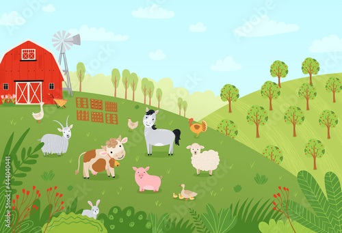 Landscape farm. Cute background with farm animals in a flat style. Illustration with pets cow  horse  pig  goose  rabbit  chicken  goat  sheep  barn at the ranch. Vector