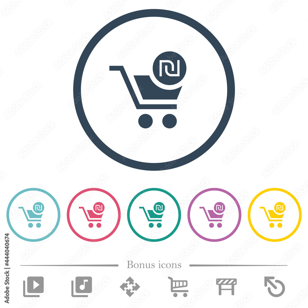 Checkout with new Shekel cart flat color icons in round outlines Checkout with new Shekel cart flat color icons in round outlines