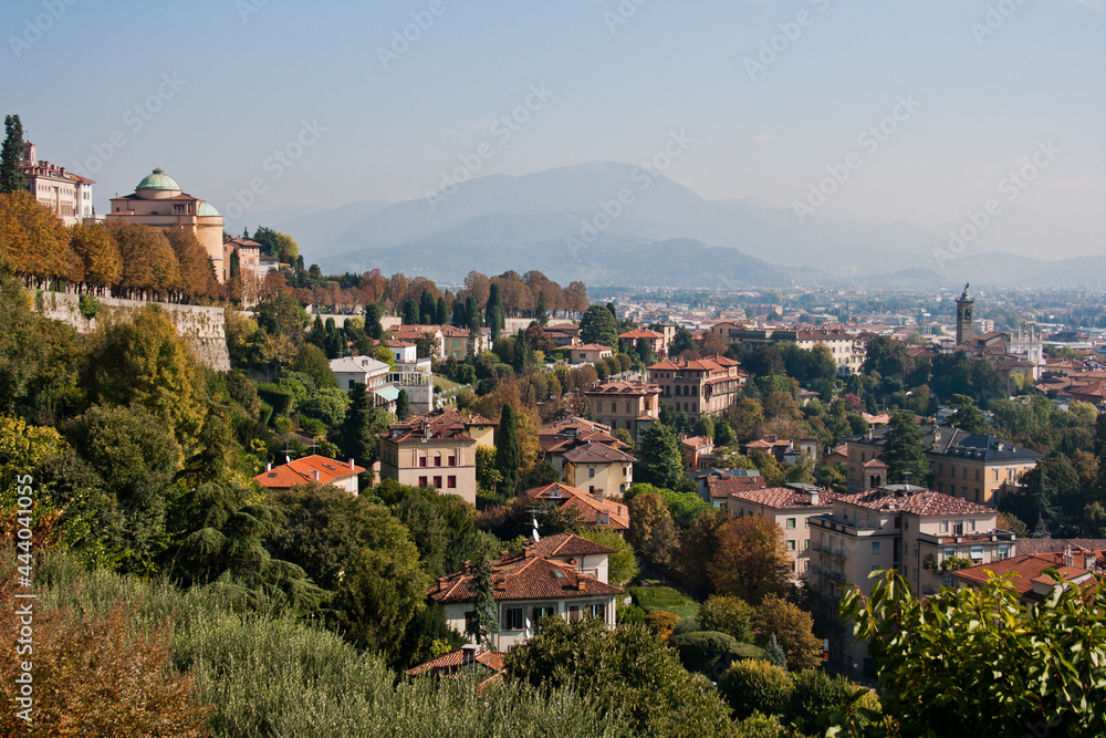 Panoramic view of the old town and mountains in Bergamo, Italy