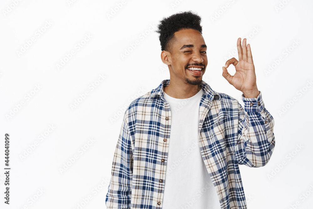 Image of handsome young african american guy smiling satisfied, showing OK, okay zero sign and nod in approval, rate good thing, praise excellent work, recommend store, standing over white background Image of handsome young african american guy smiling satisfied, showing OK, okay zero sign and nod in approval, rate good thing, praise excellent work, recommend store, standing over white background