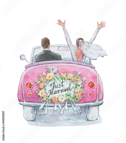 just married couple in a car photo