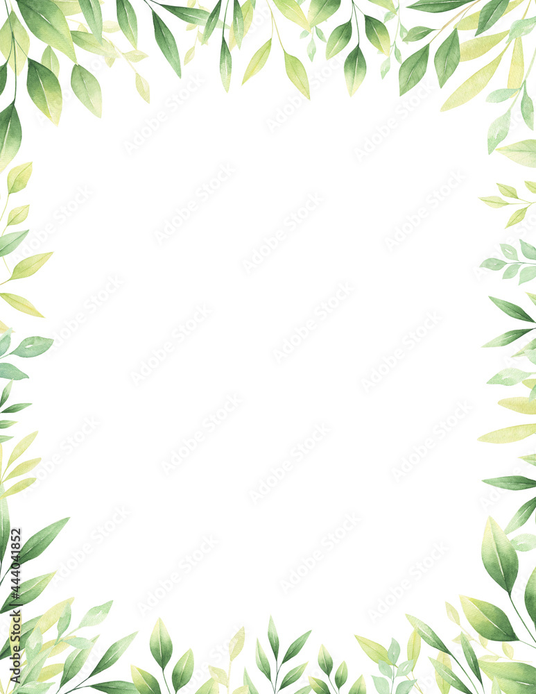 Watercolor greenery floral frame with hand_painted leaves isolated on white background. Perfect for wedding invitations, greeting cards, posters, templates. 