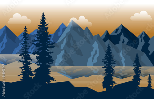 Peaceful Mountain Lake River Pine Tree Nature Landscape Illustration