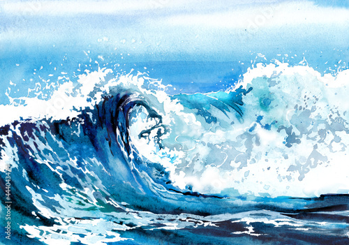 Illustration of a high sea wave with spray for surfing in watercolor. Book, postcard, poster, texture, print.