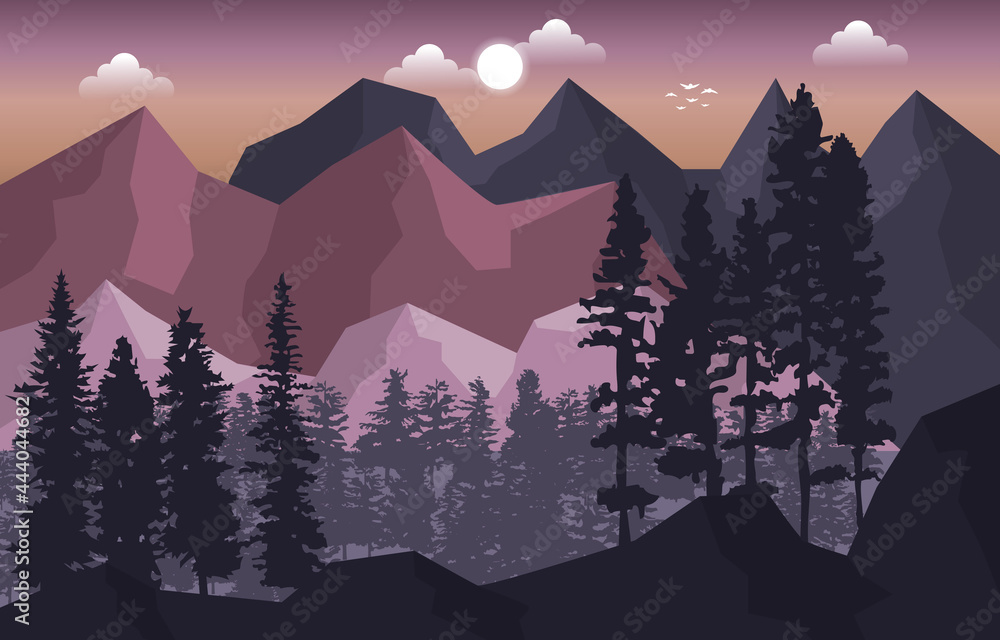 Εκτύπωση καμβά Mountain Peak Pine Fir Trees Nature Landscape Adventure Illustration