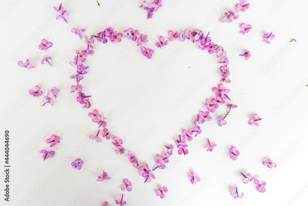 Heart of spring flowers of lilac on a white background. Love symbol for Valentine's Day. Mother's Day. Spring, women's day. Particles of art.