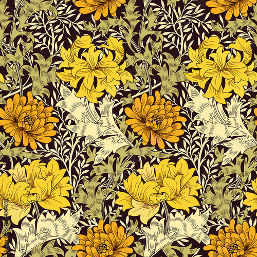 Fototapeta Floral seamless pattern with big golden flowers and foliage on dark background