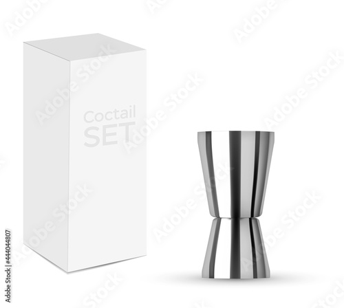 Cocktail shaker, hawthorne strainer, stirrer, metak muddler and jigger. Bartending equipment Realistic mockup isolated.