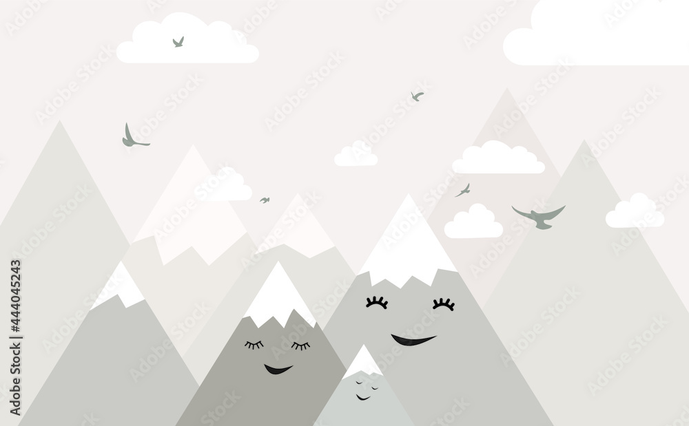 Wallpaper for a children's room with clouds and mountains. Decorative wall for the nursery. For nursery room wallpaper, decoration. Kids room.