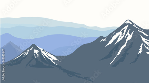 Mountains vector stock illustration. Snowy hills of the mountain range. Landscape with a foggy horizon. Design elements for poster, book cover, brochure, magazine, flyer, booklet.