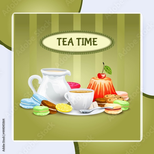 Tea time poster with sweet food cookies macaron cup saucer pot vector illustration