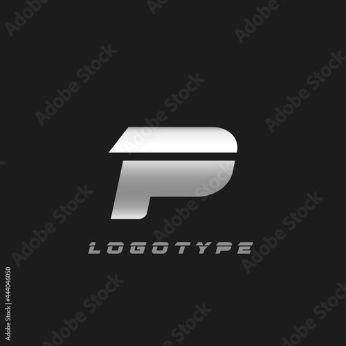 Blade silver letter P, bold italic cropped monogram. Aluminium iron metallic vector emblem for auto repair shop or automotive and race service modern logo.