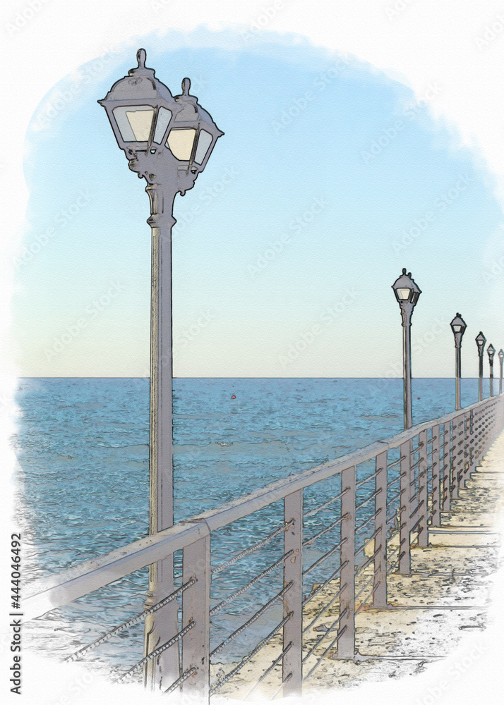 Street lamps on sea pier 