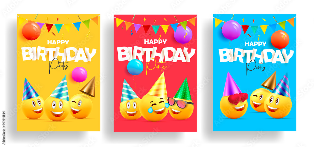 Set of birthday cards invitations or posters for children celebration with smiling faces in hats and paper stickers as letters