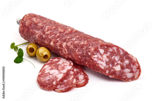 Dried sausage, close-up, isolated on white background.