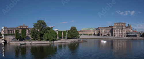 The river Strömmen in Stockholm with a monumental herring at a pier in Stockholm