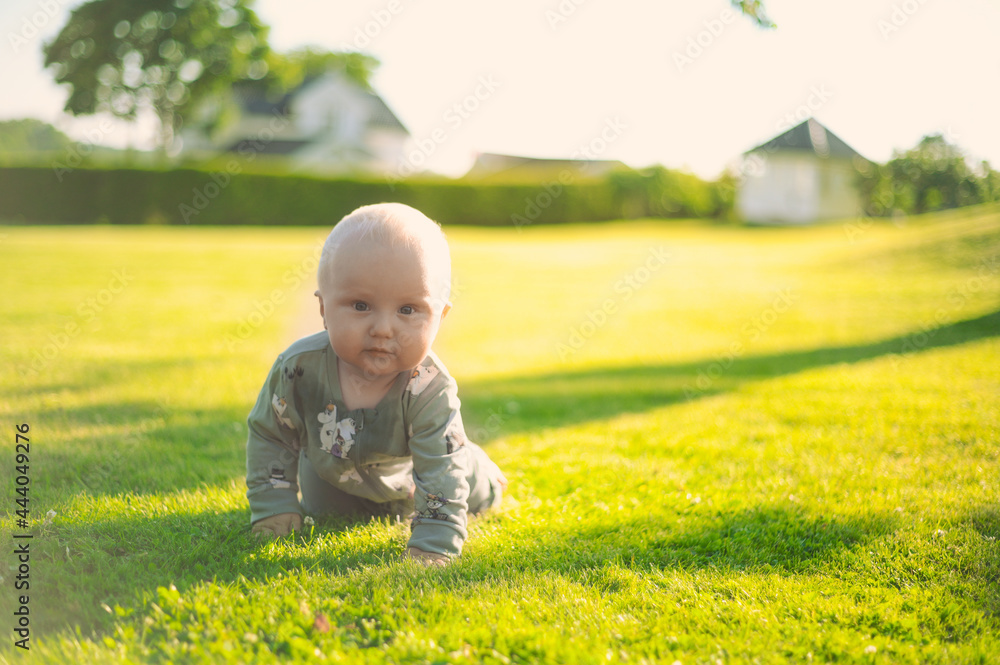 portrait of adorable baby boy in the park with green lawn is smiling next to the hammock . Happy childhood portrait of adorable baby boy in the park with green lawn is smiling next to the hammock . Happy childhood
