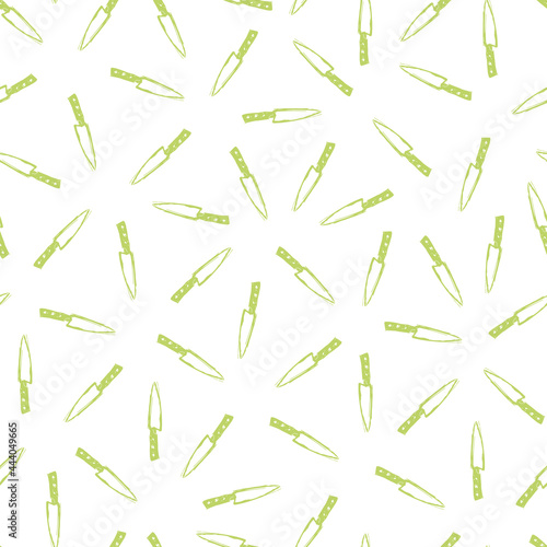 Vector white seamless pattern with green hand drawn kitchen knifes. Perfect for fabric, scrapbooking and wallpaper projects. © Jamie Soon