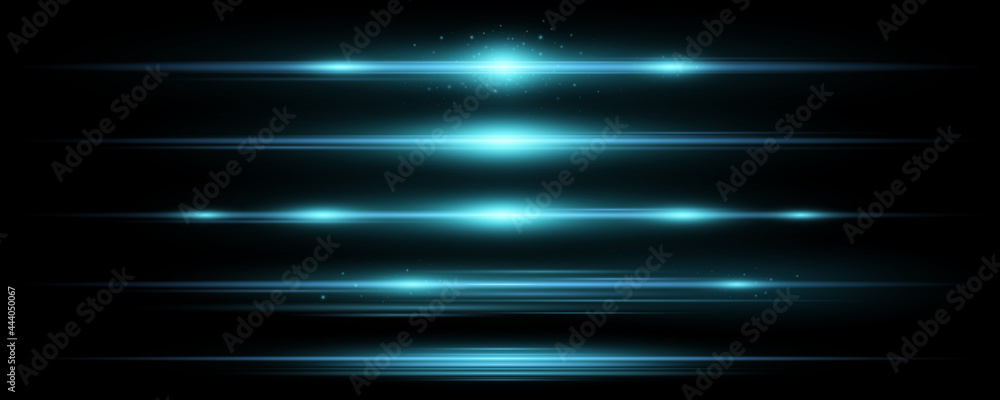 Set of horizontal blue light effects on a black background. Collection of beams. Bright rays with glowing dust. Optical glare. Vector illustration