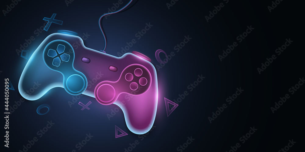 Modern game pad with wire for video games. Vector joystick with neon glow for game console. Abstract geometric symbols. Computer games concept for your design.