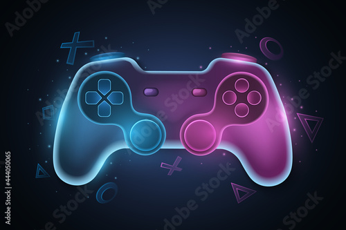 Futuristic game pad for video games. Vector joystick with neon glow for game console. Abstract geometric symbols. Computer games concept for your design