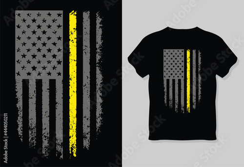 Grunge USA flag with a thin Yellow Vector T-shirt Design -or gold line a sign to honor and respect American Dispatchers, Security Guards, and Loss Prevention