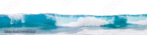 Powerful ocean blue waves with white foam isolated on a white background. Banner format.